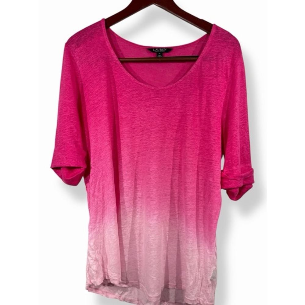 Lauren Ralph Lauren Black Label Women's  Pink Ombré 100% Linen Top Sz XL Tie Dye